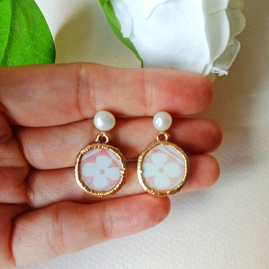 Petite pink stylized flower tile design porcelain earrings
