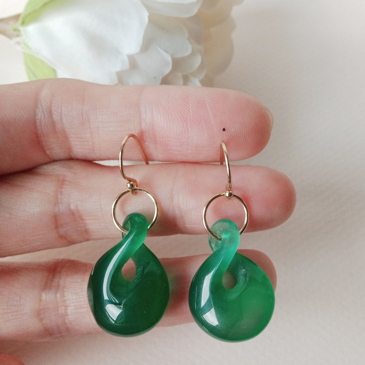 Green onyx gold-filled hook earrings