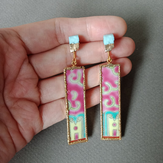 Pink famille rose elongated porcelain and amazonite earrings
