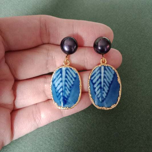 Blue and white leaf porcelain earrings