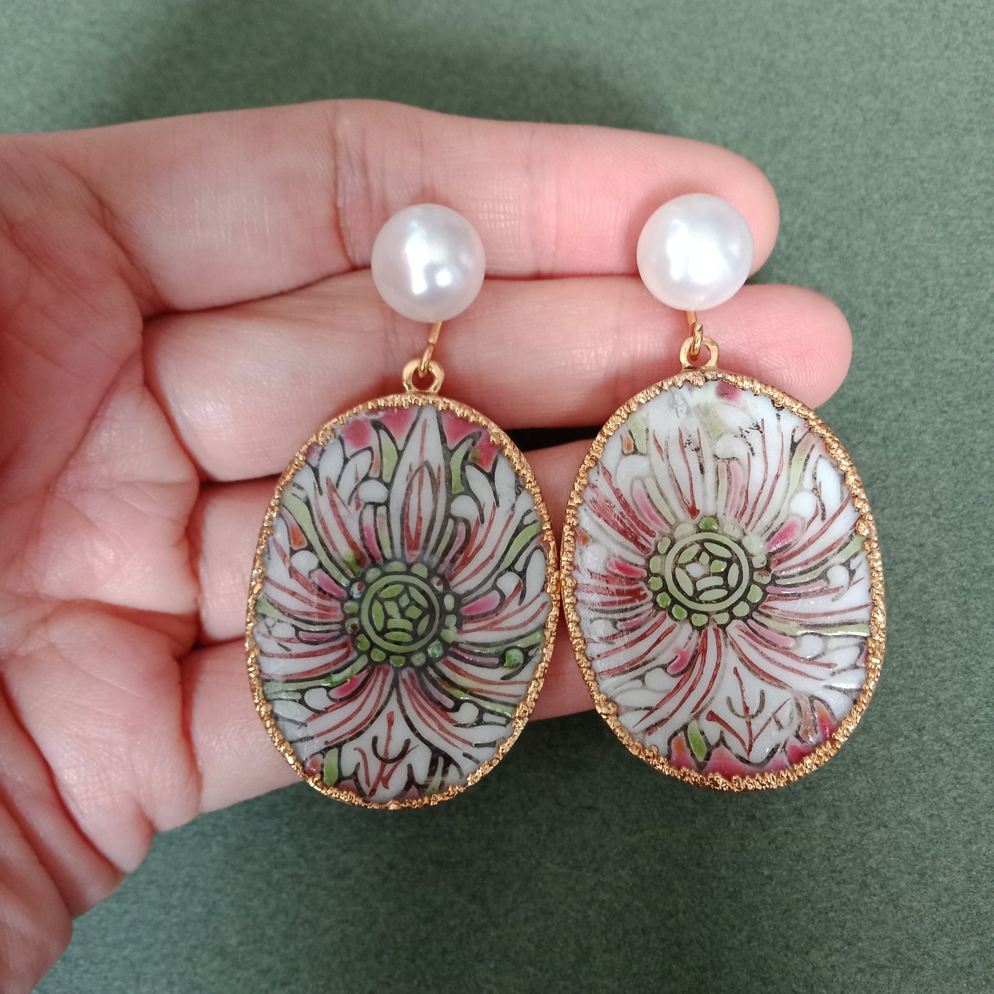 Famille rose lotus porcelain earrings