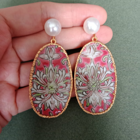 Pink lotus elongated porcelain earrings