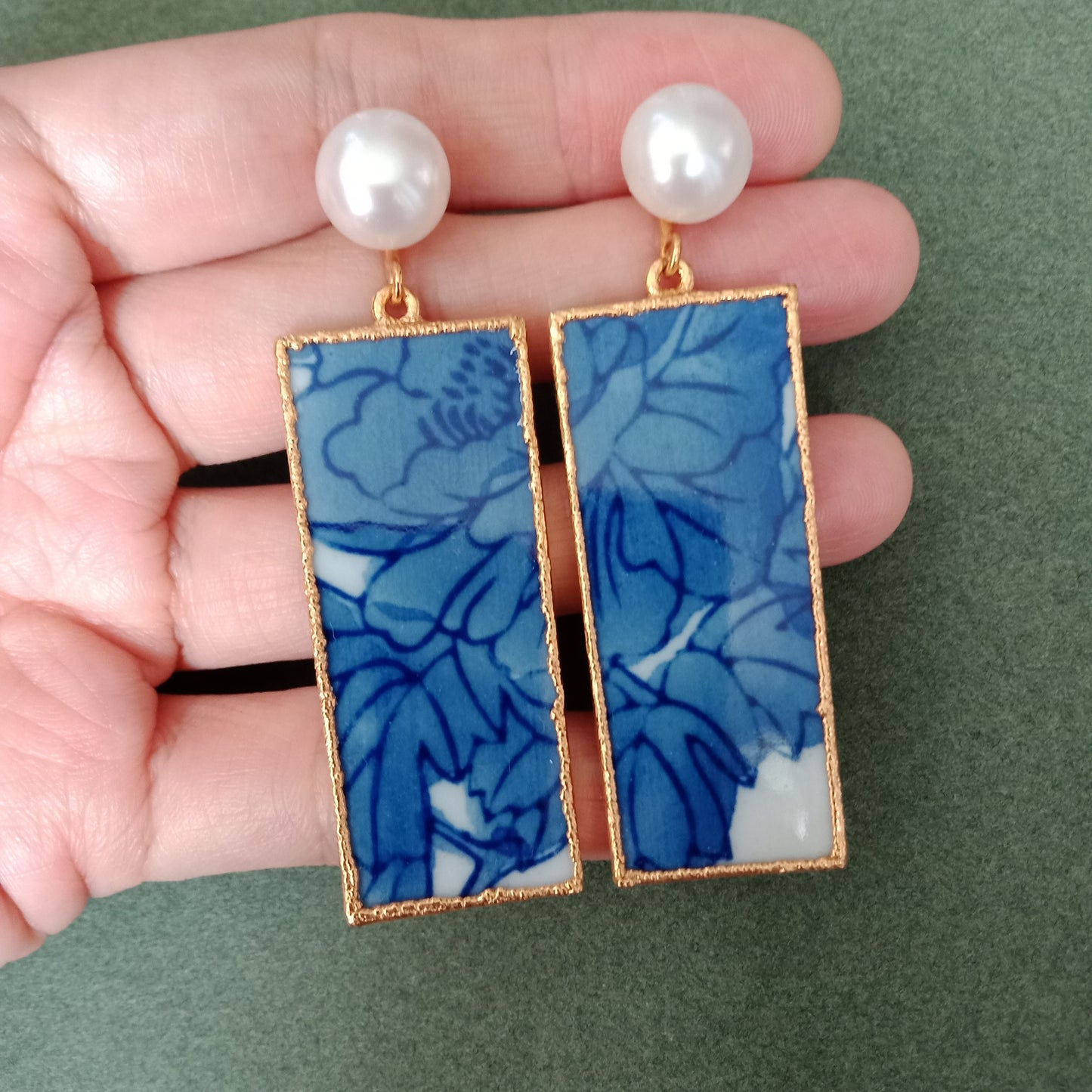 Blue and white foliage porcelain earrings