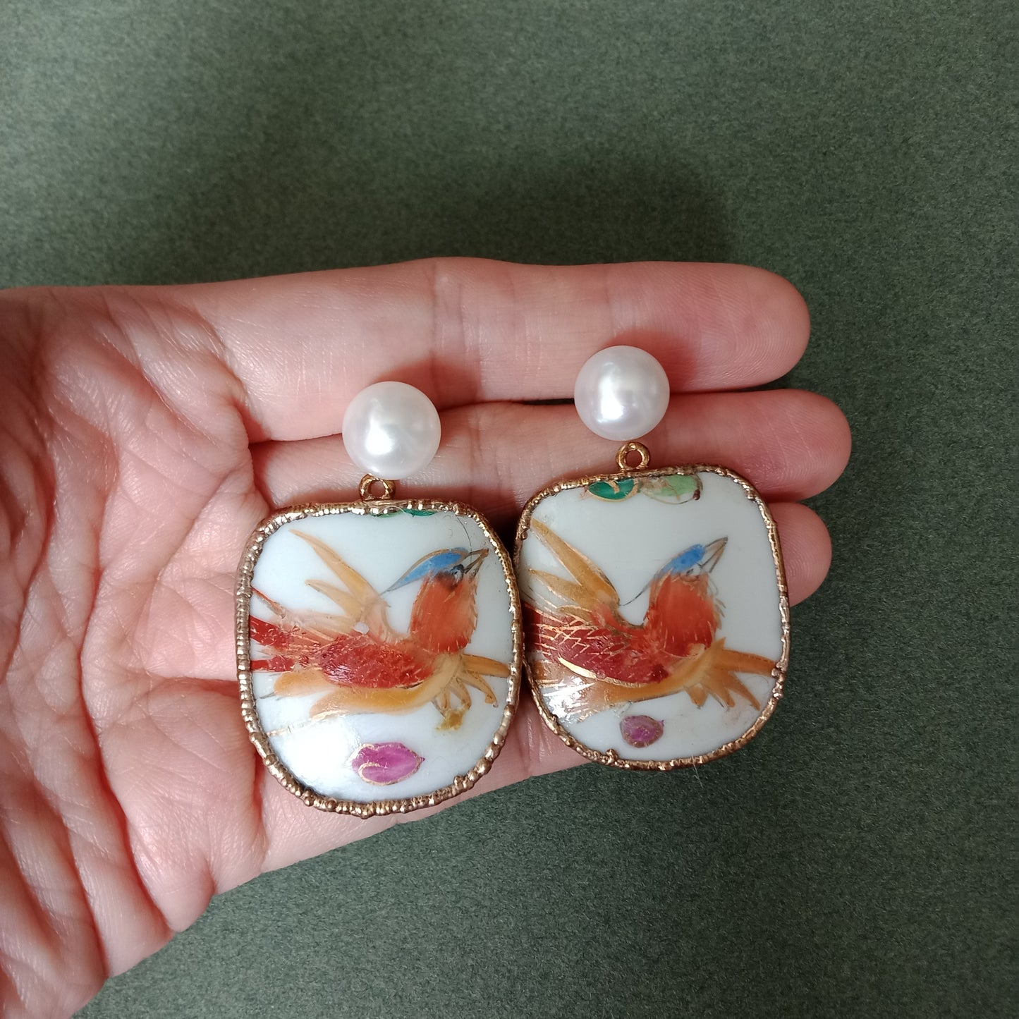 Chintz bird porcelain earrings