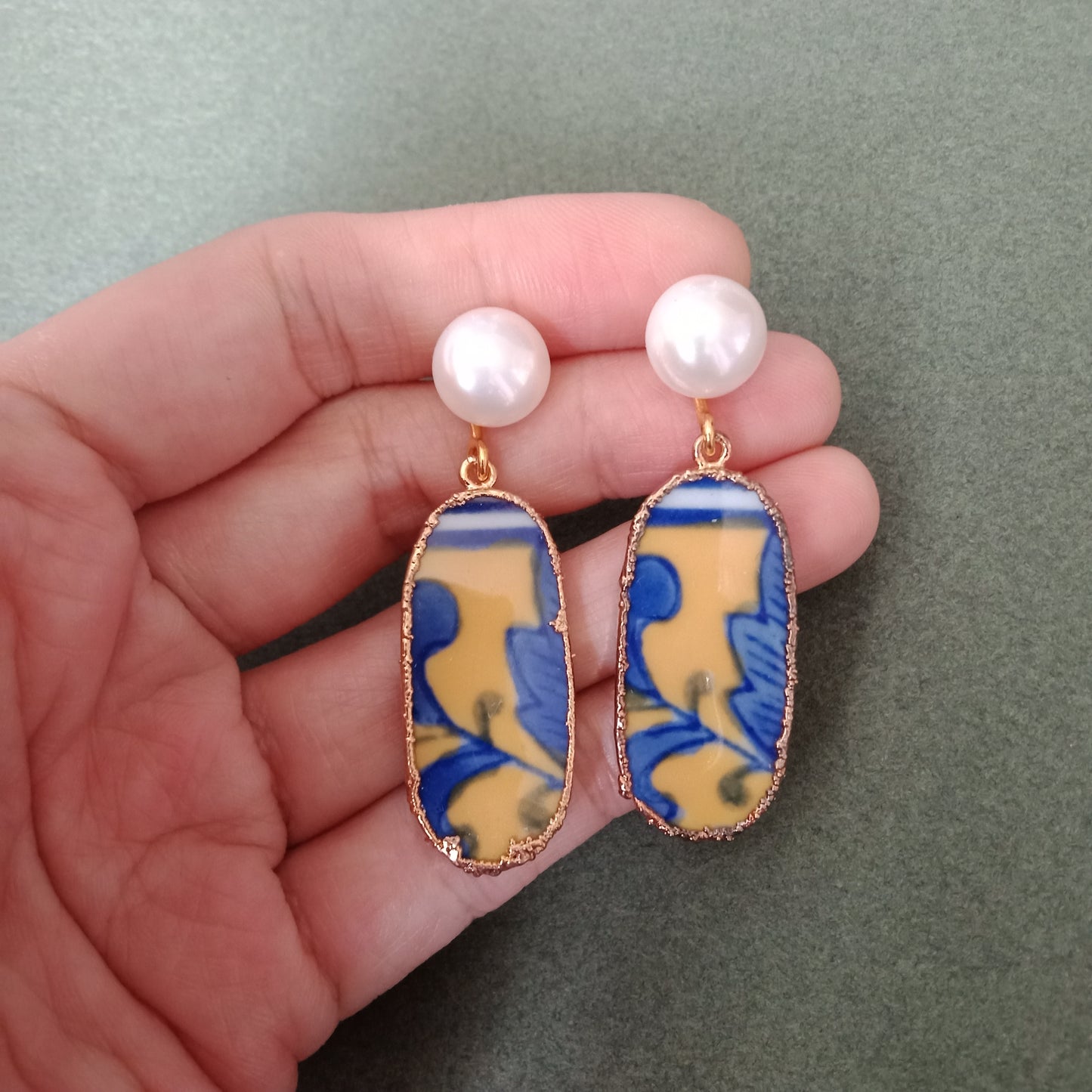 Blue and yellow foliage porcelain earrings