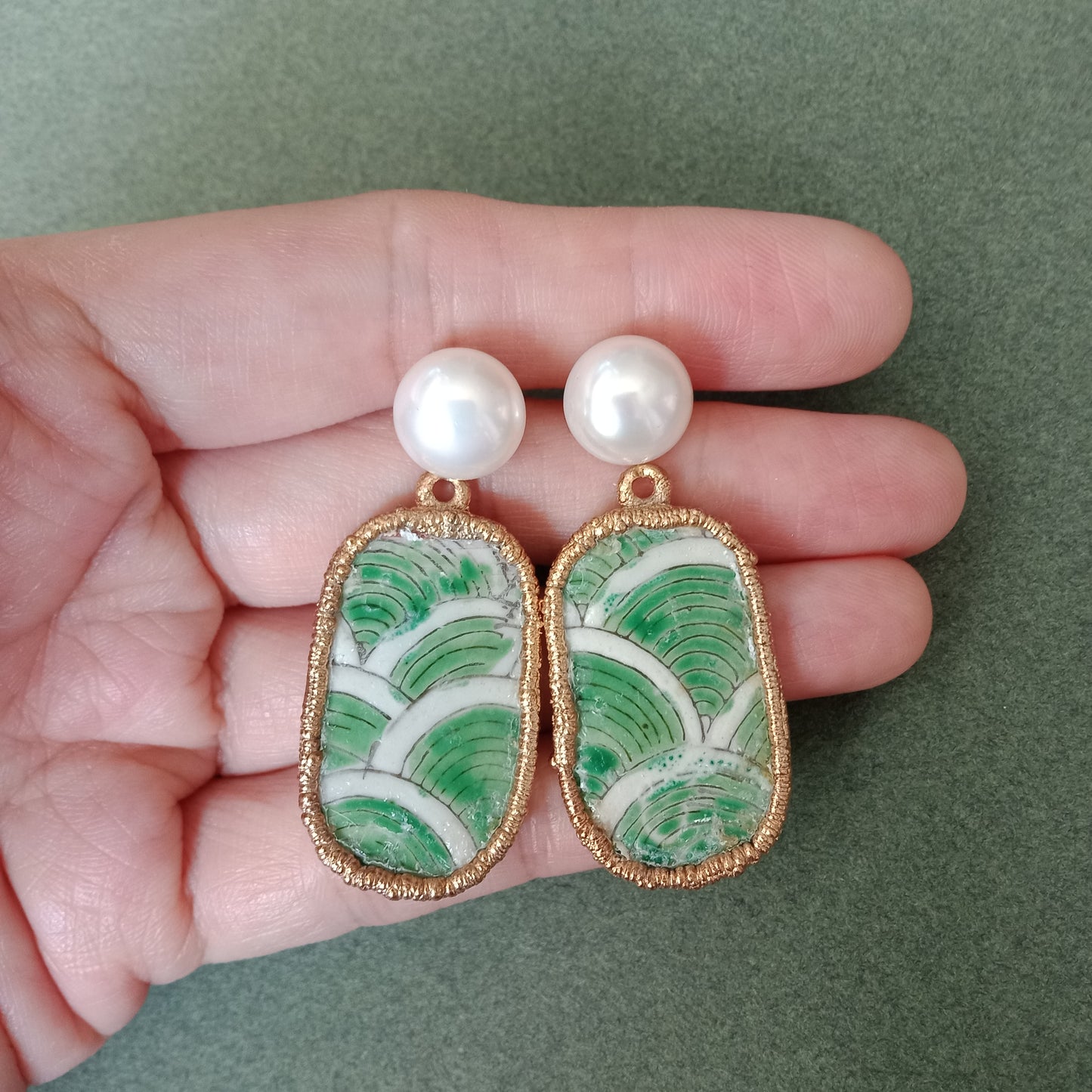 Lapping waves green porcelain earrings