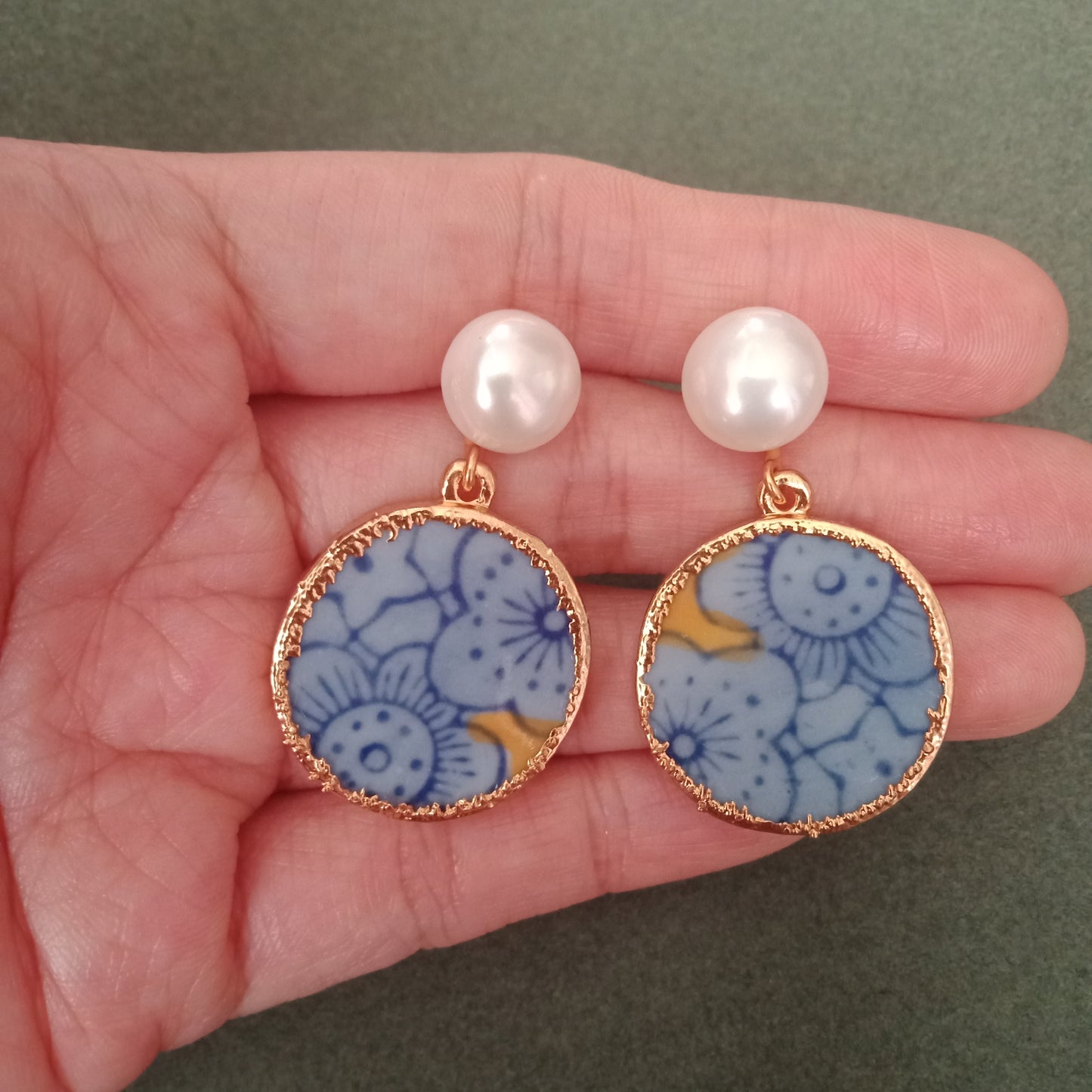 Blue and yellow blossoms porcelain earrings