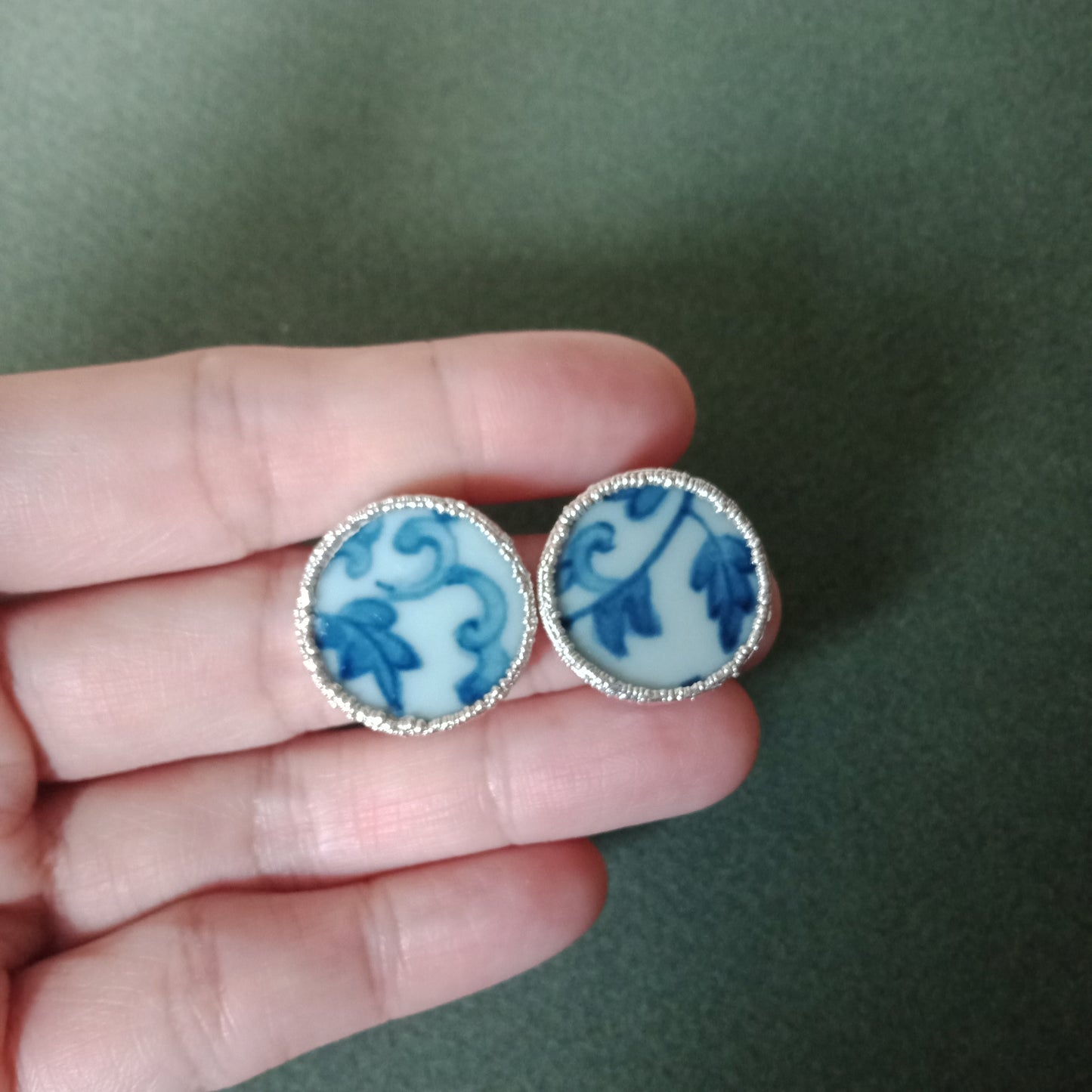 Blue and white porcelain silver tone stud earrings