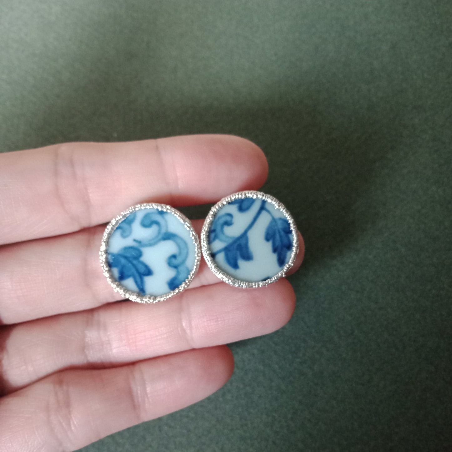 Blue and white porcelain silver tone stud earrings