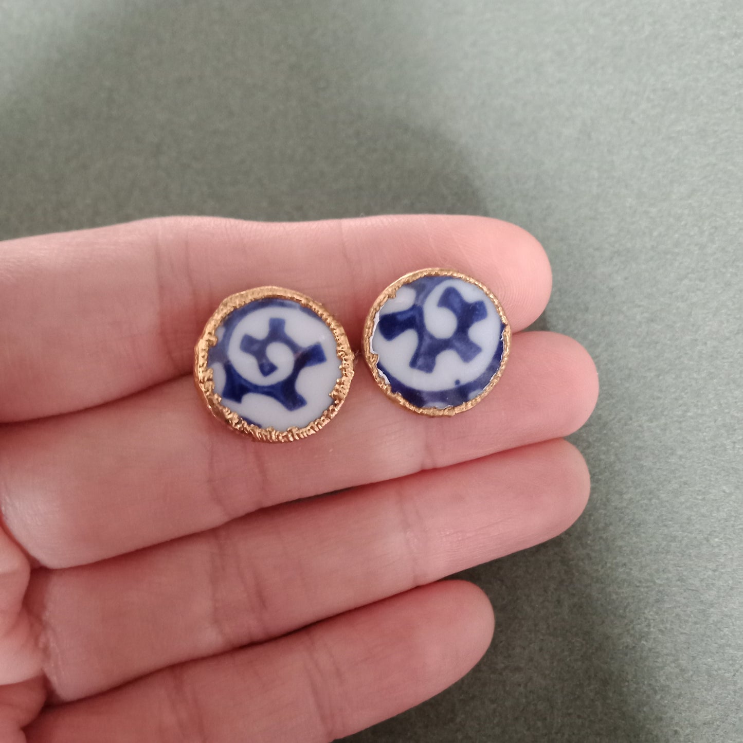 Abstract blue and white porcelain stud earrings