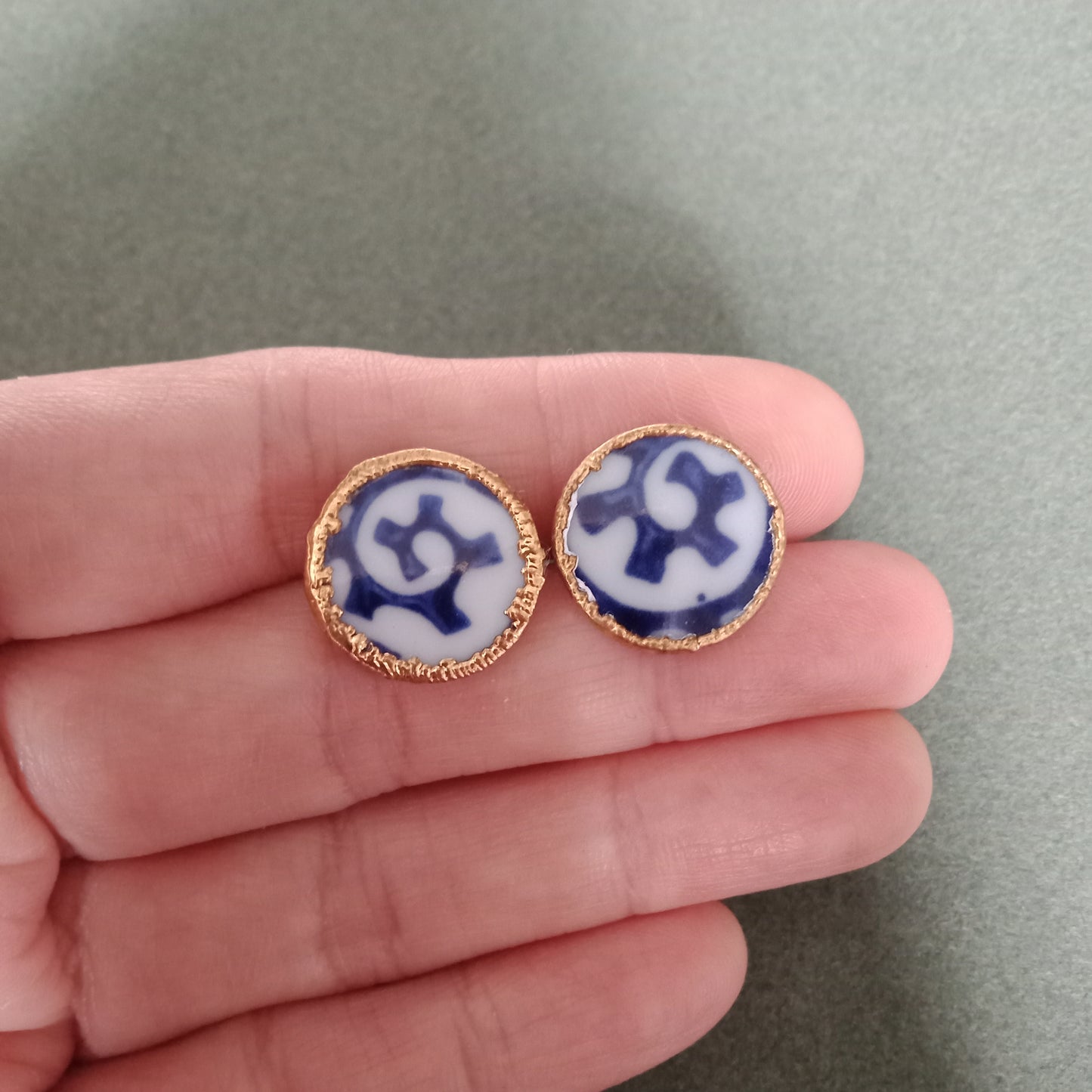 Abstract blue and white porcelain stud earrings