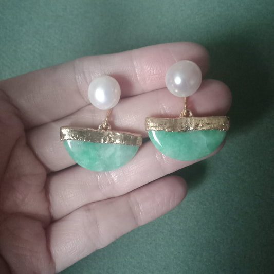 Small half moon jade earrings with FW pearls