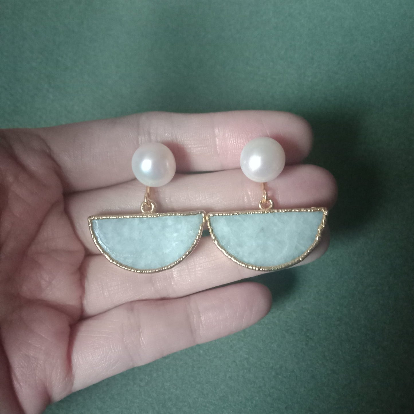 Jade half moon earrings with FW pearls