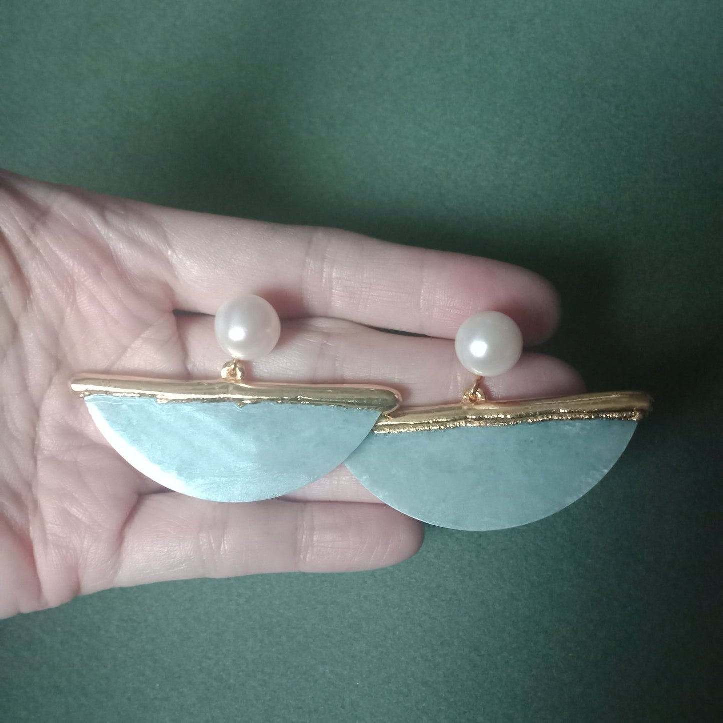 Jade modern wide half moon earrings with FW pearls