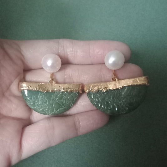 Jade half moon flower carving earrings with FW pearls