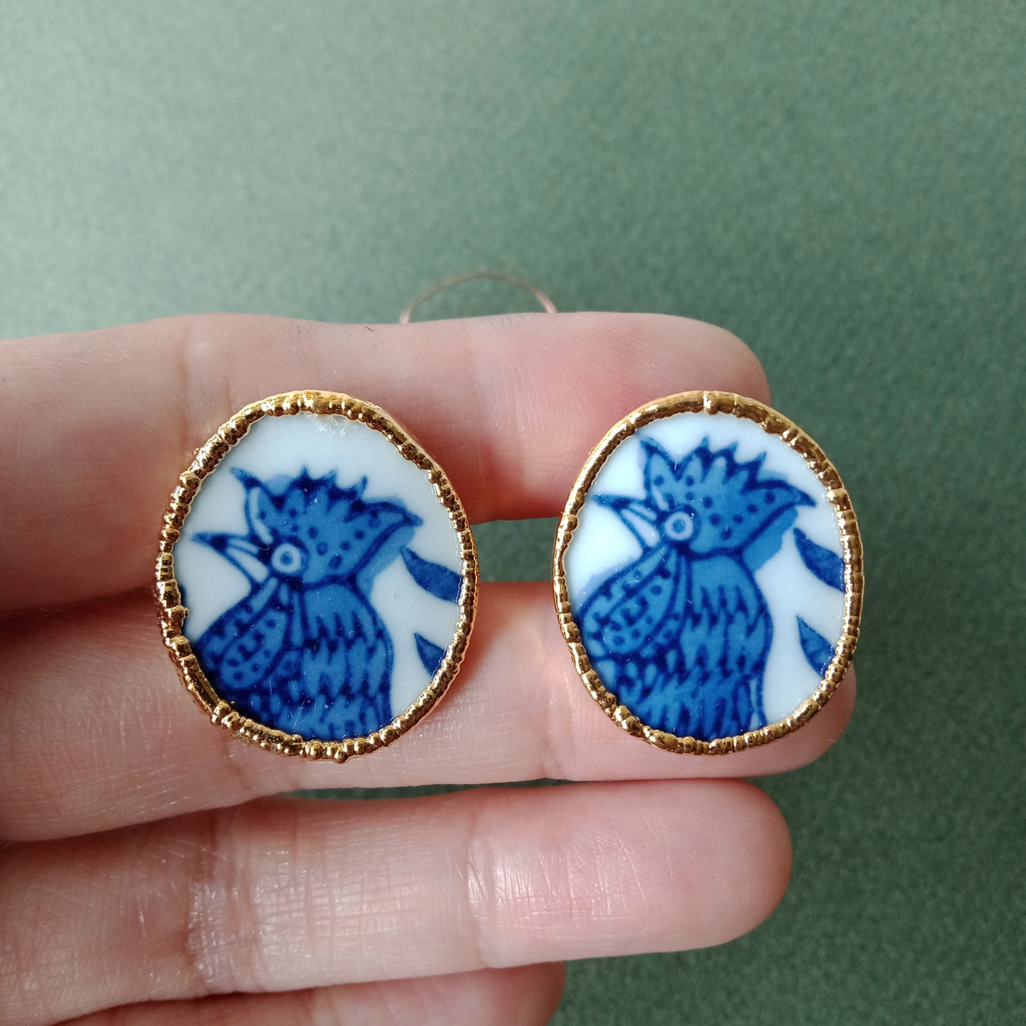 Blue and white rooster cufflinks