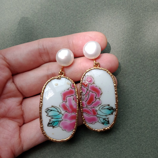 Rose porcelain earrings with FW pearls