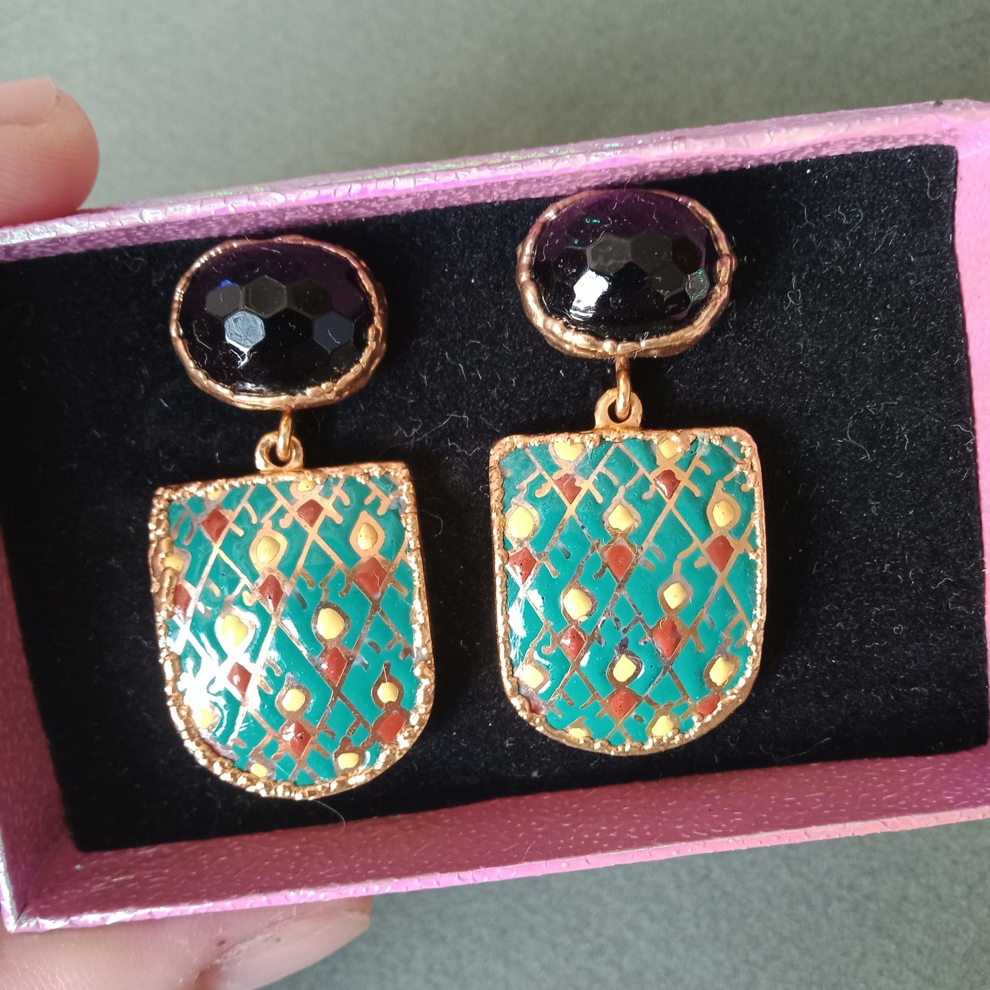 Reserved for Maria. Green diamond pattern ceramic earrings with onyx studs