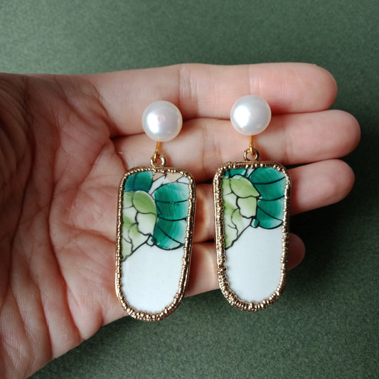 Lush foliage porcelain earrings with FW pearls