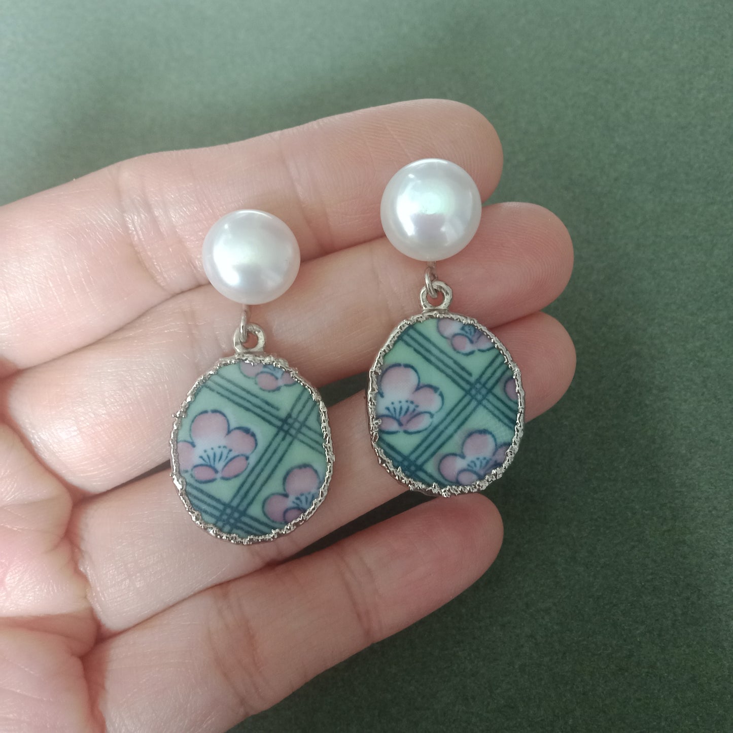 Small cherry blossom porcelain and FW pearl earrings