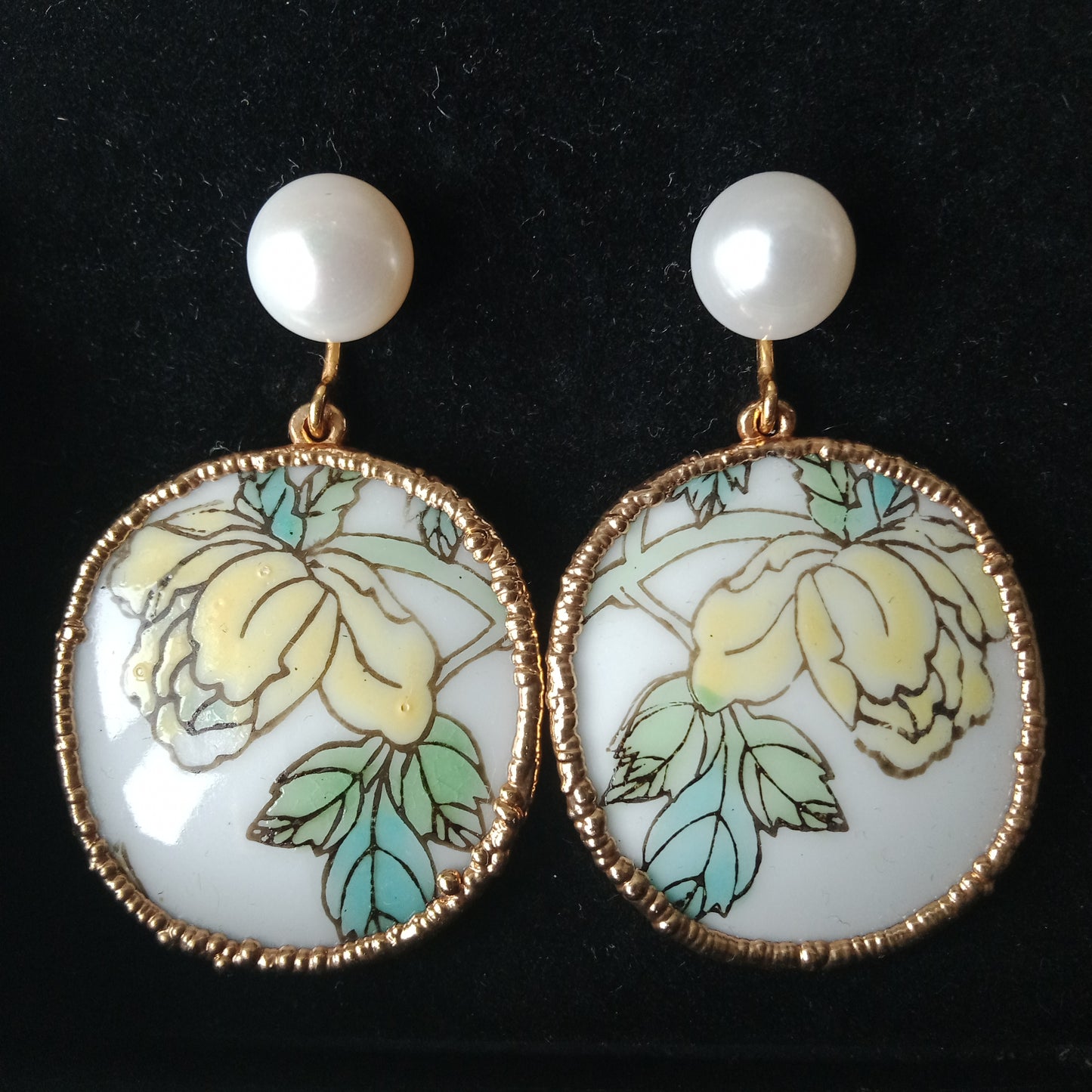 Yellow flower porcelain and FW pearl earrings