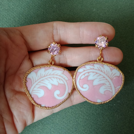 Pink acanthus scroll porcelain earrings
