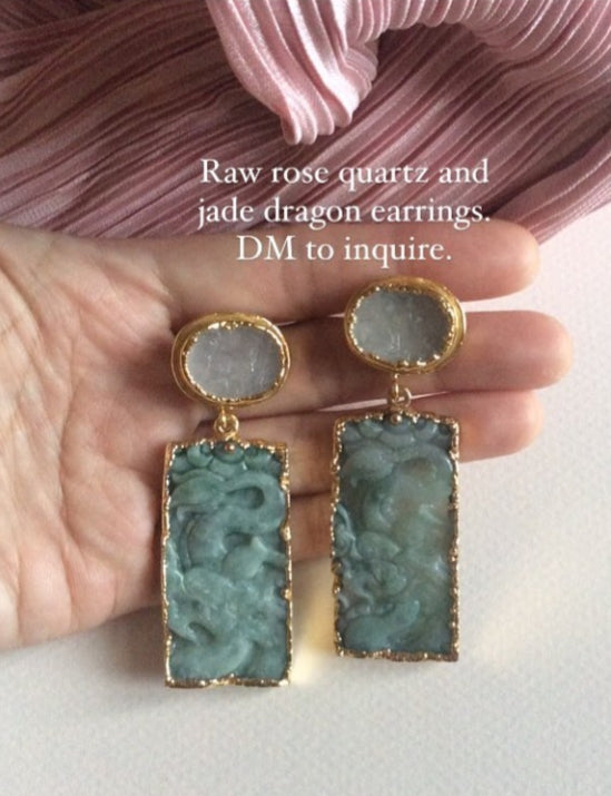 Jade dragon earrings with raw rose quartz studs