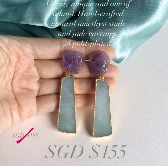 Jade earrings with natural raw amethyst studs