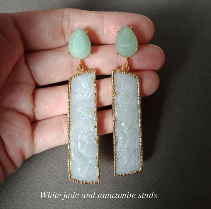 Jade peony carving and amazonite earrings