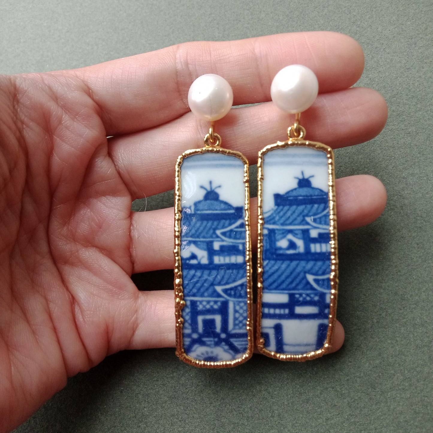 Blue and white pagoda porcelain earrings