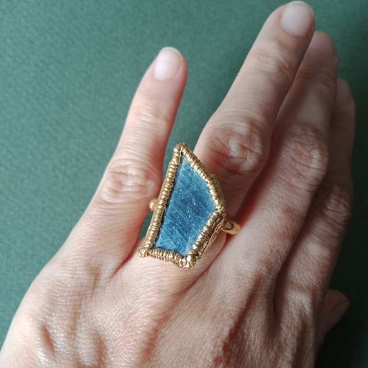 Raw blue sapphire slice ring
