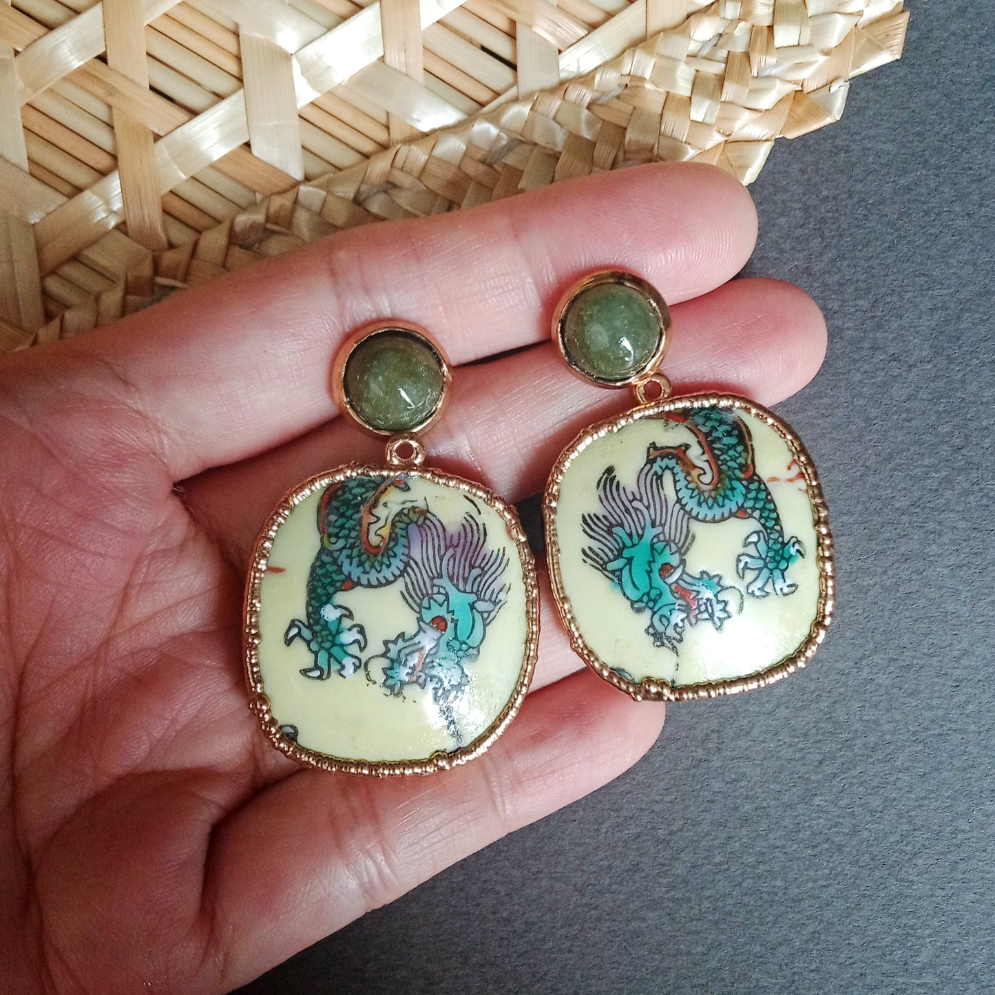 Yellow five-clawed dragon porcelain and jade earrings