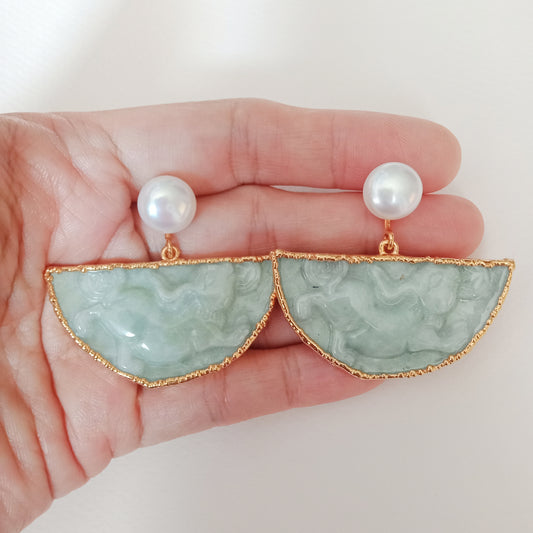 Jade rabbit half moon earrings with FW pearls
