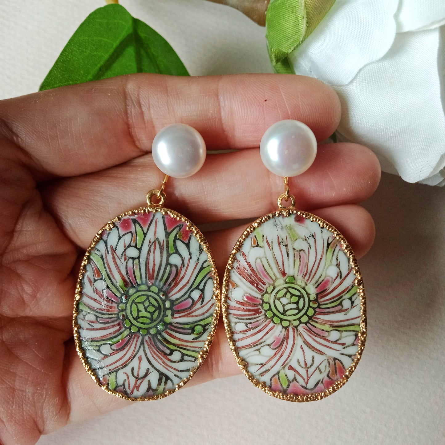 Famille rose lotus porcelain earrings