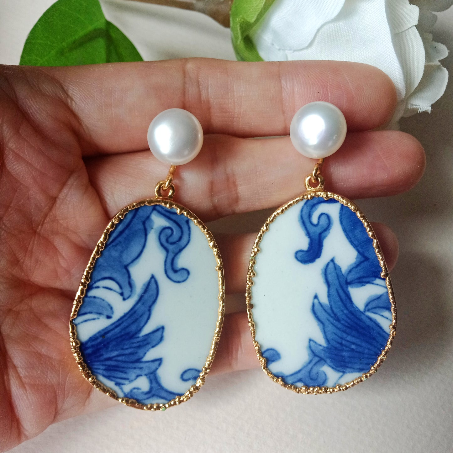 Lacy blue and white porcelain earrings with FW pearls