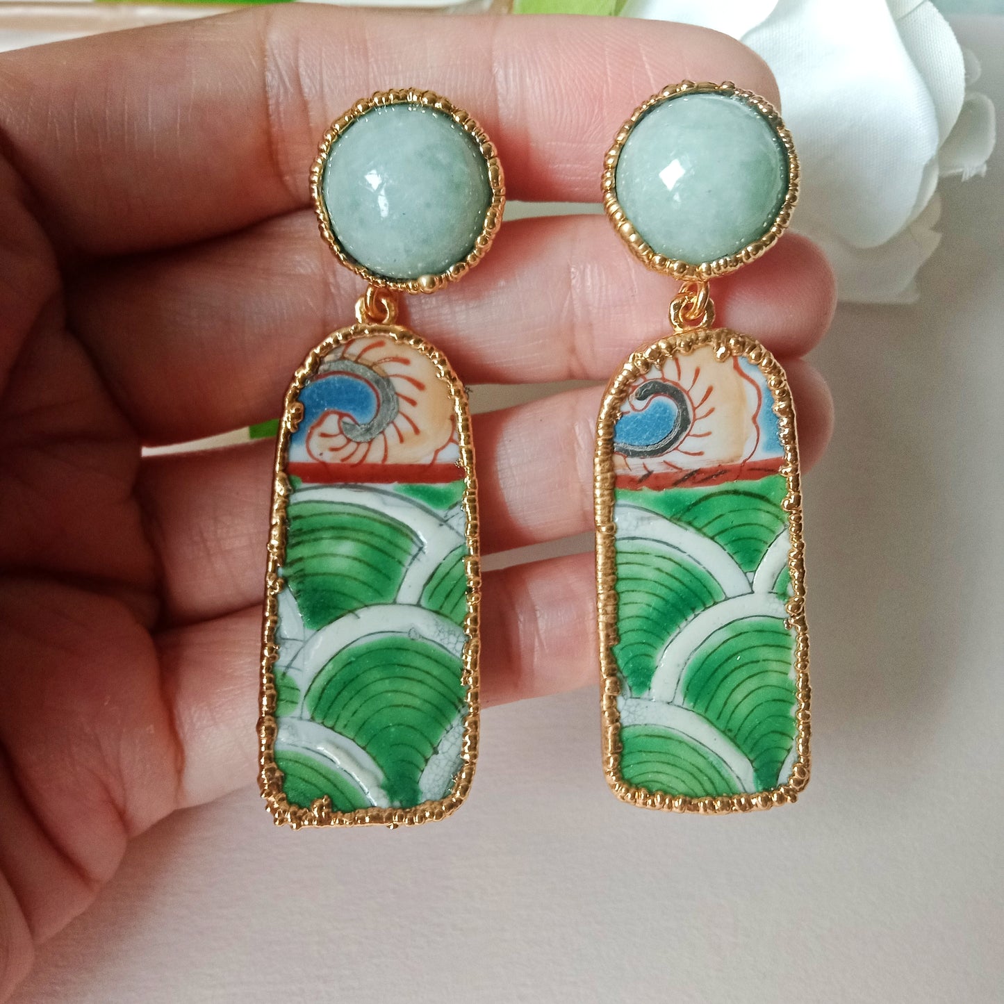 Lapping waves porcelain jade stud earrings