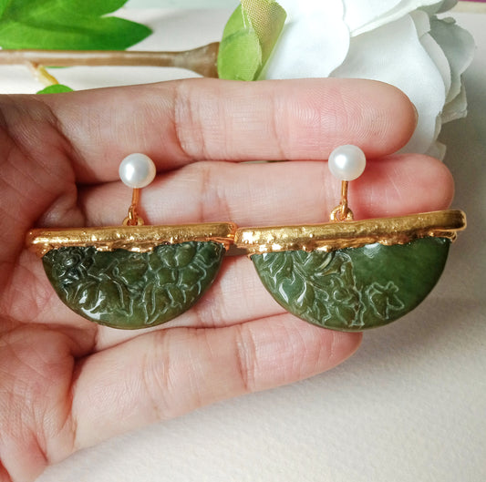 Petite jade floral carving half moon earrings
