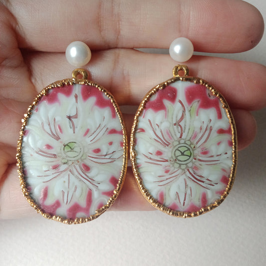 Rose floral porcelain FW pearl earrings - seconds