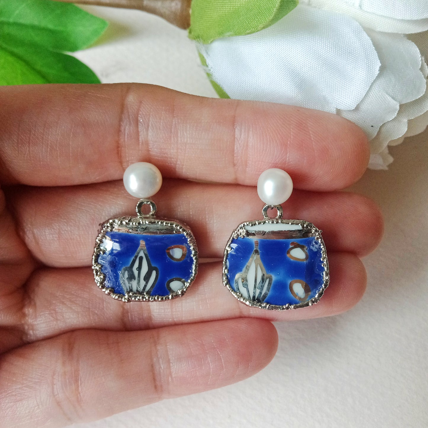 Petite cobalt blue batik porcelain silver tone earrings