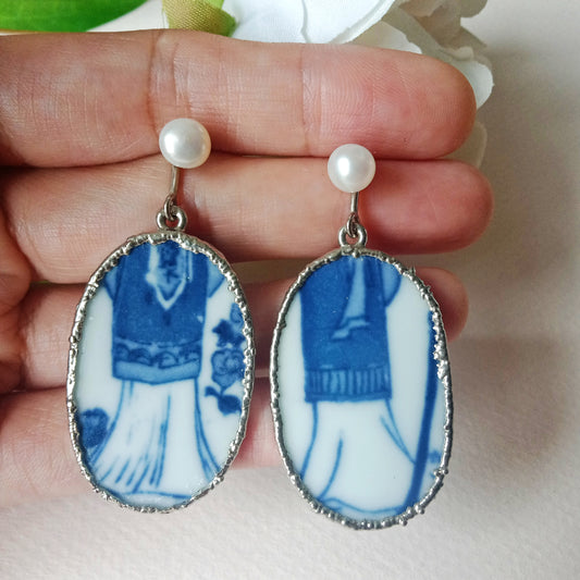 Abstract blue and white porcelain silver tone earrings with FW pearls