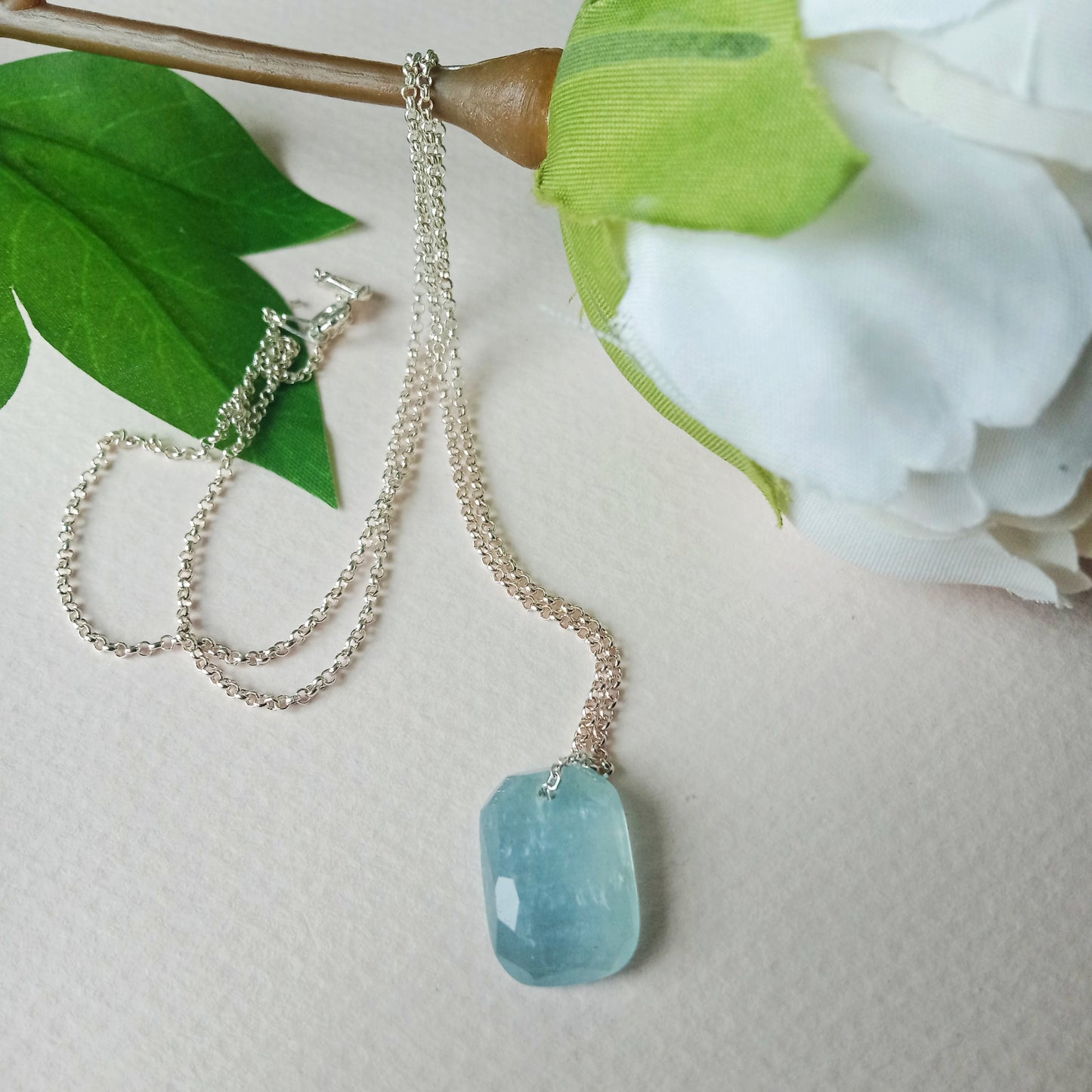 Natural faceted aquamarine cabochon sterling silver necklace