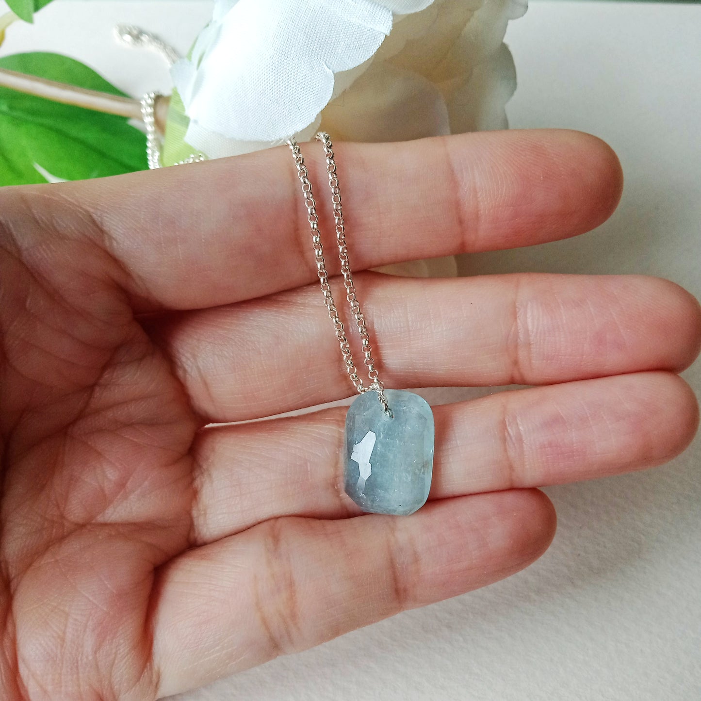 Natural faceted aquamarine cabochon sterling silver necklace
