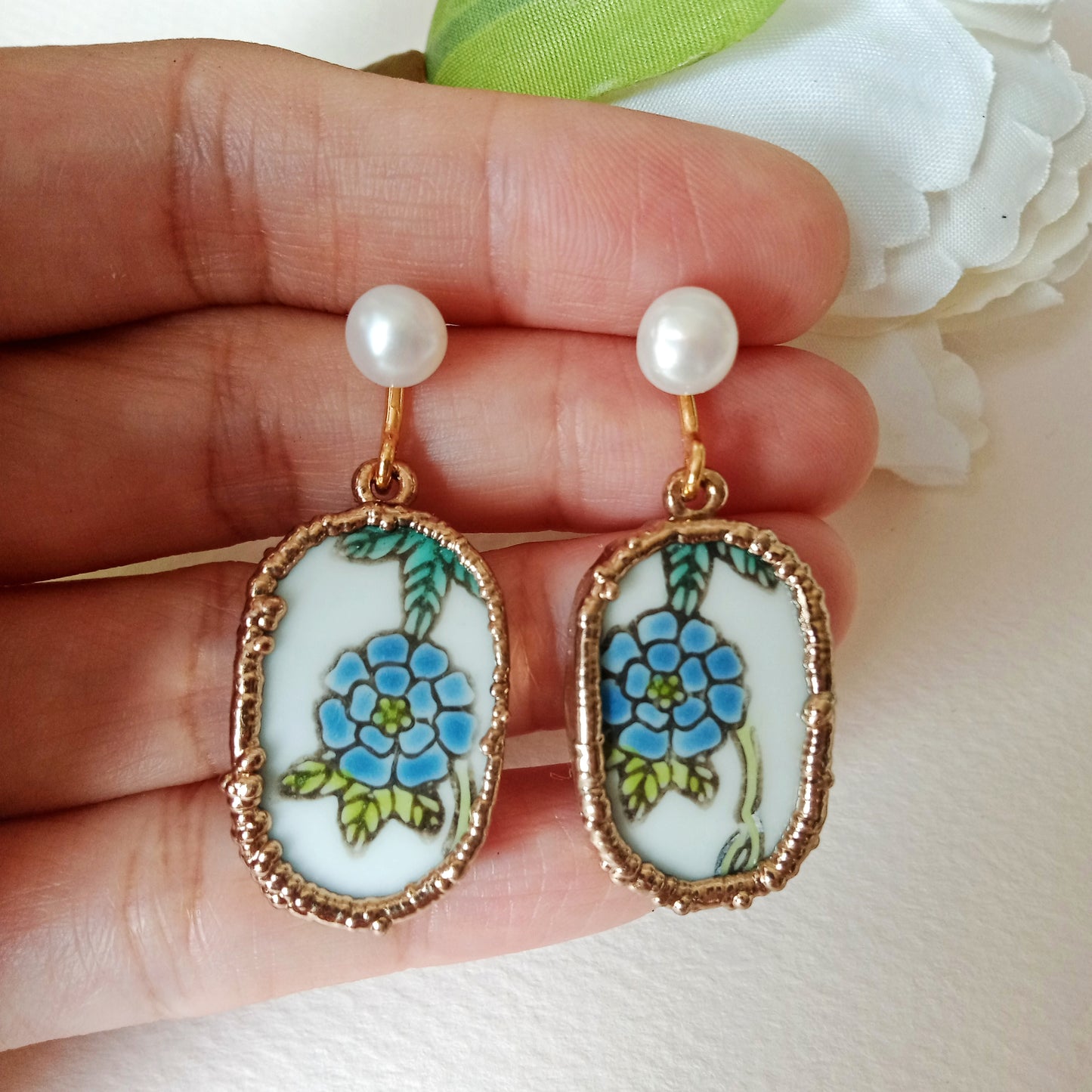 Blue flower porcelain earrings