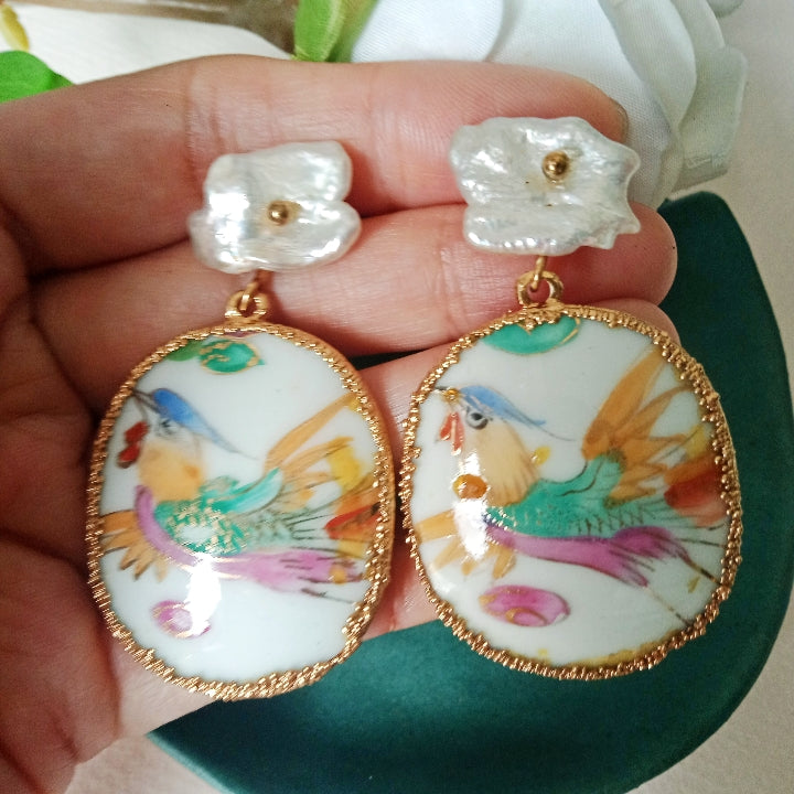 Bird porcelain and cloud FW pearl earrings