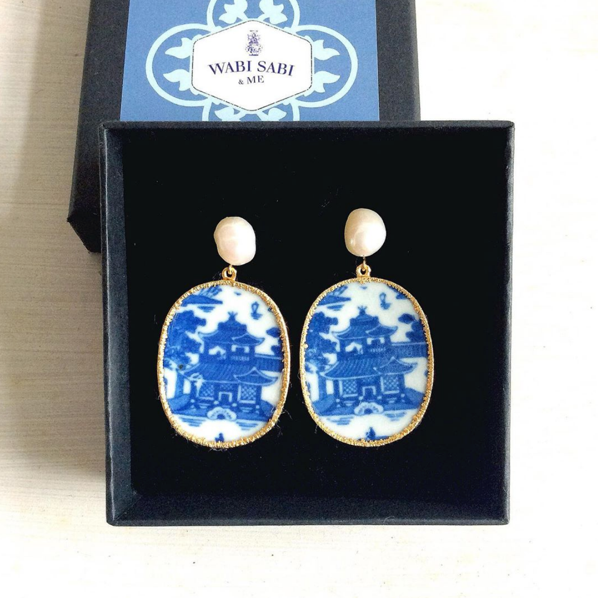 Chinoiserie Pagoda Blue & White Porcelain Earrings With Freshwater Pearls