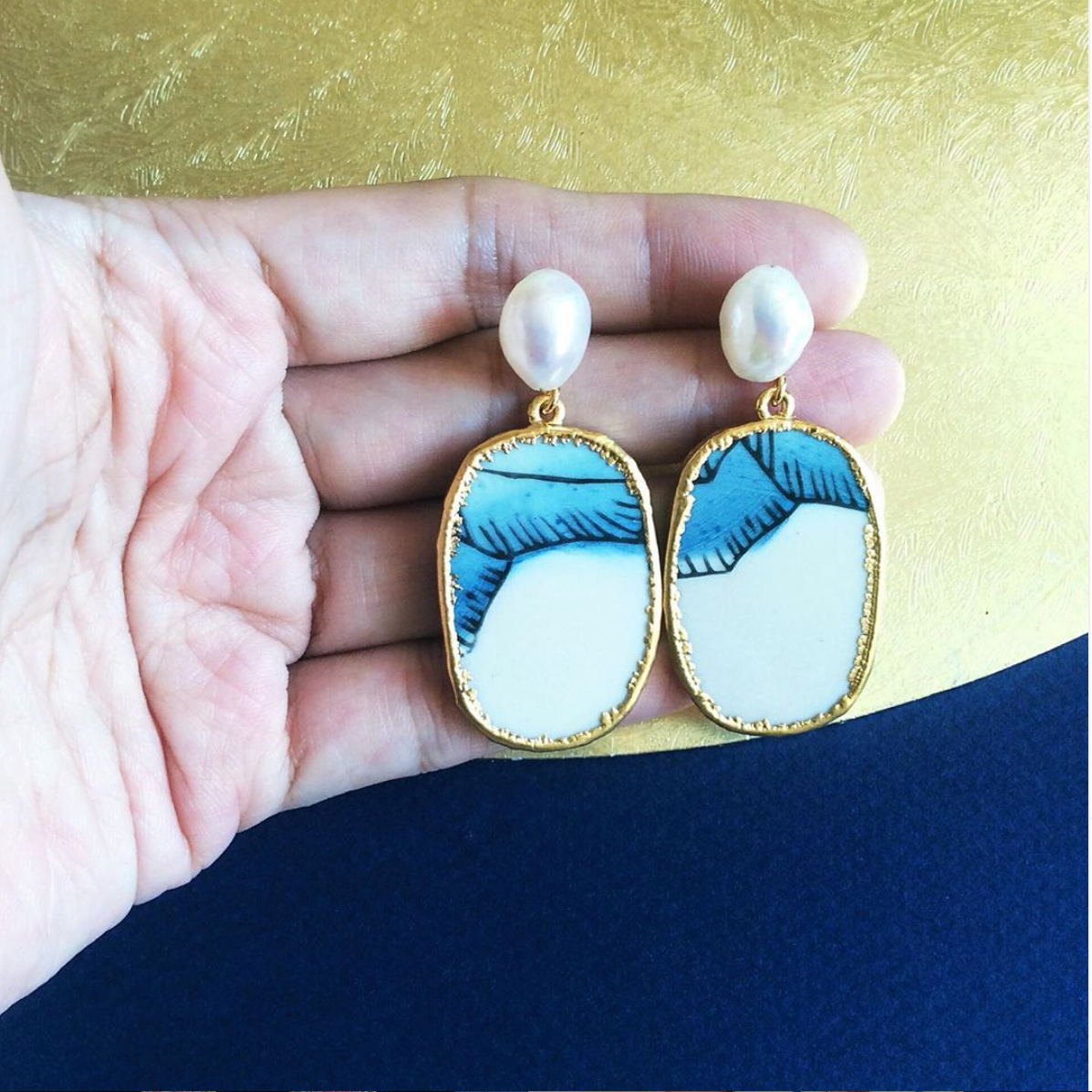 Rock Face Porcelain And Freshwater Pearl Earrings