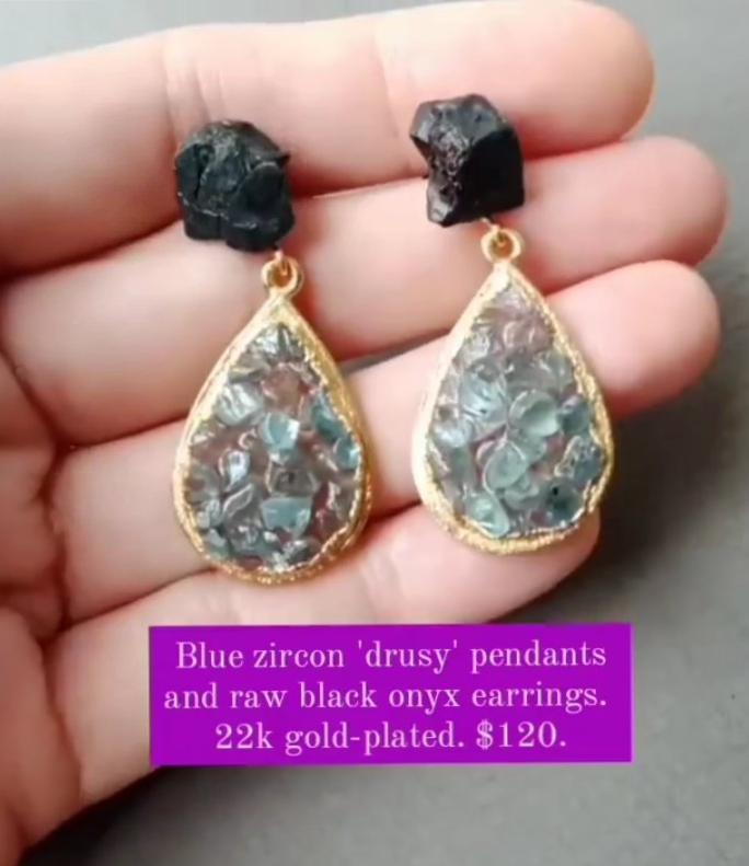 Blue zircon 'drusy' and raw black onyx earrings