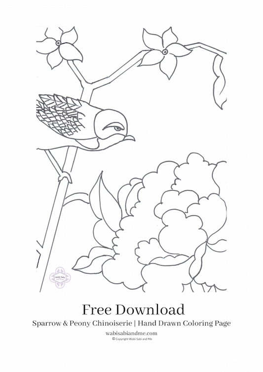 Sparrow and Peony Chinoiserie Colouring Art - Free Download
