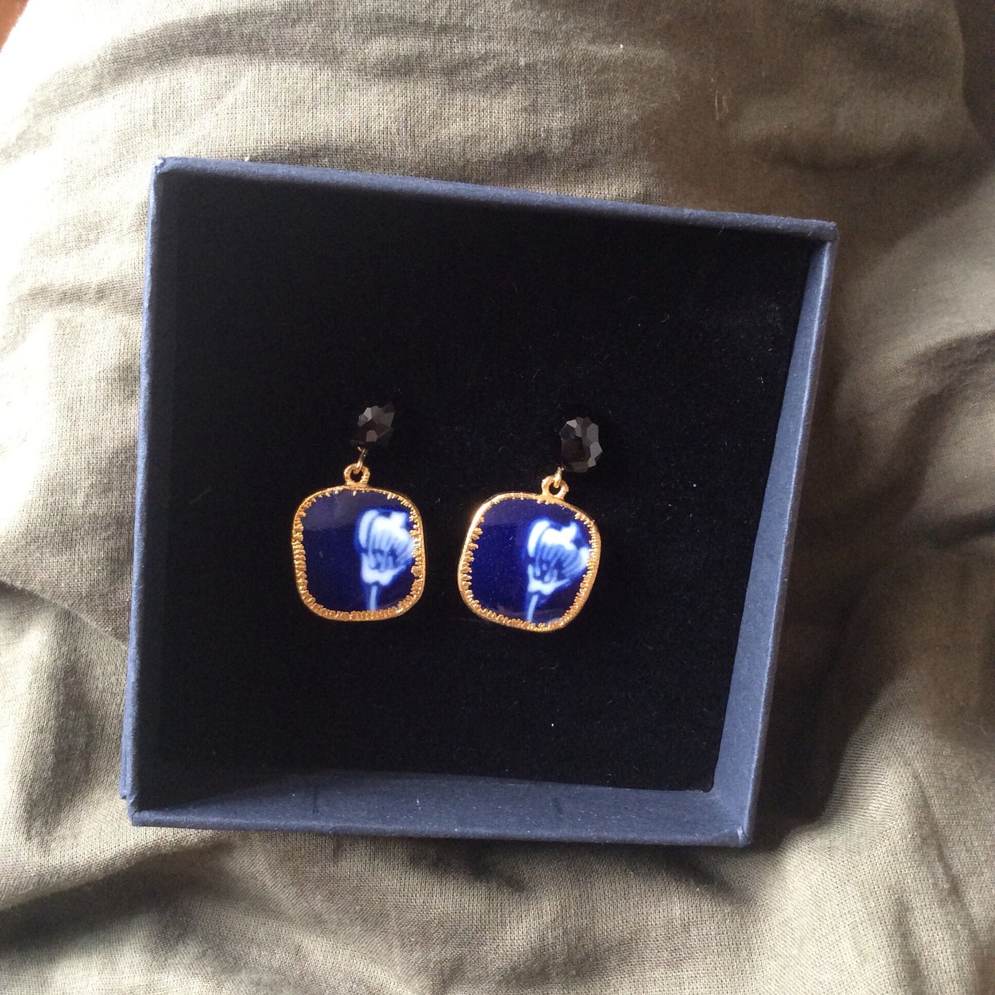 Midnight blue tulips porcelain and black onyx earrings