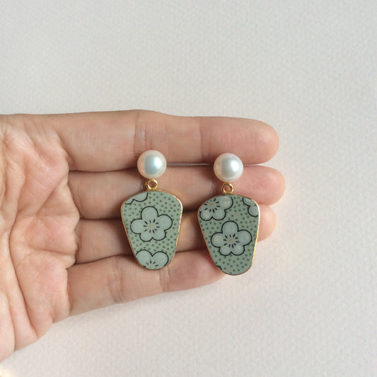 Celadon sakura porcelain earrings with freshwater pearl studs